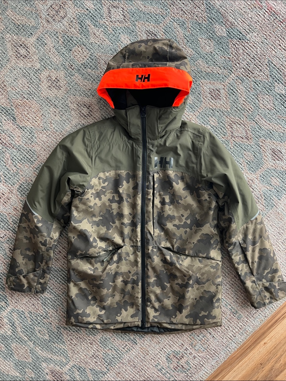 Helly Hansen Kids Olive Camo Jacket with Bright Orange Hood Trim